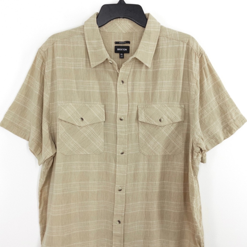 Brixton Men's XL Memphis Larkstone Linen Blend Plaid Button Shirt Tan SS - Picture 3 of 7